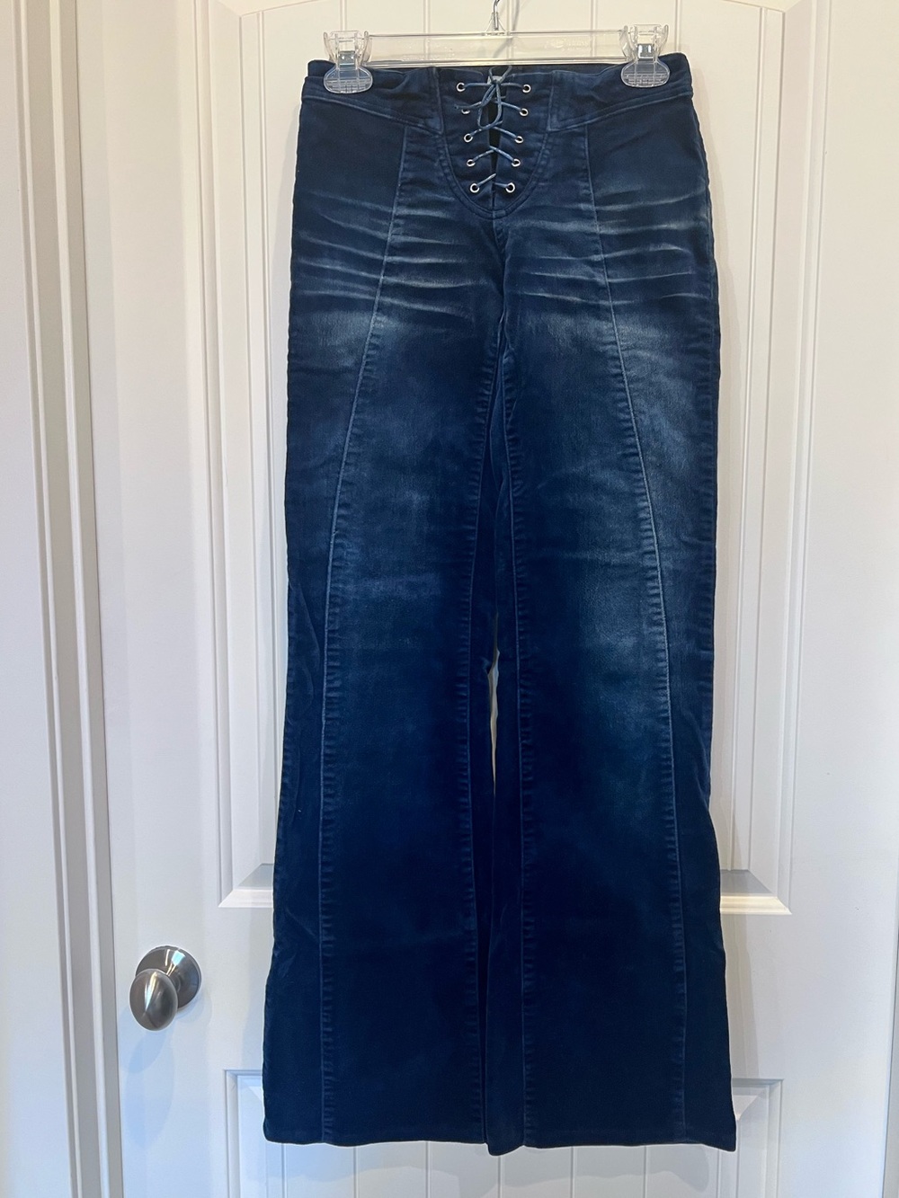 Velvet Lace-Up Flared Retro Vibe Jeans Dark Blue Sz XS